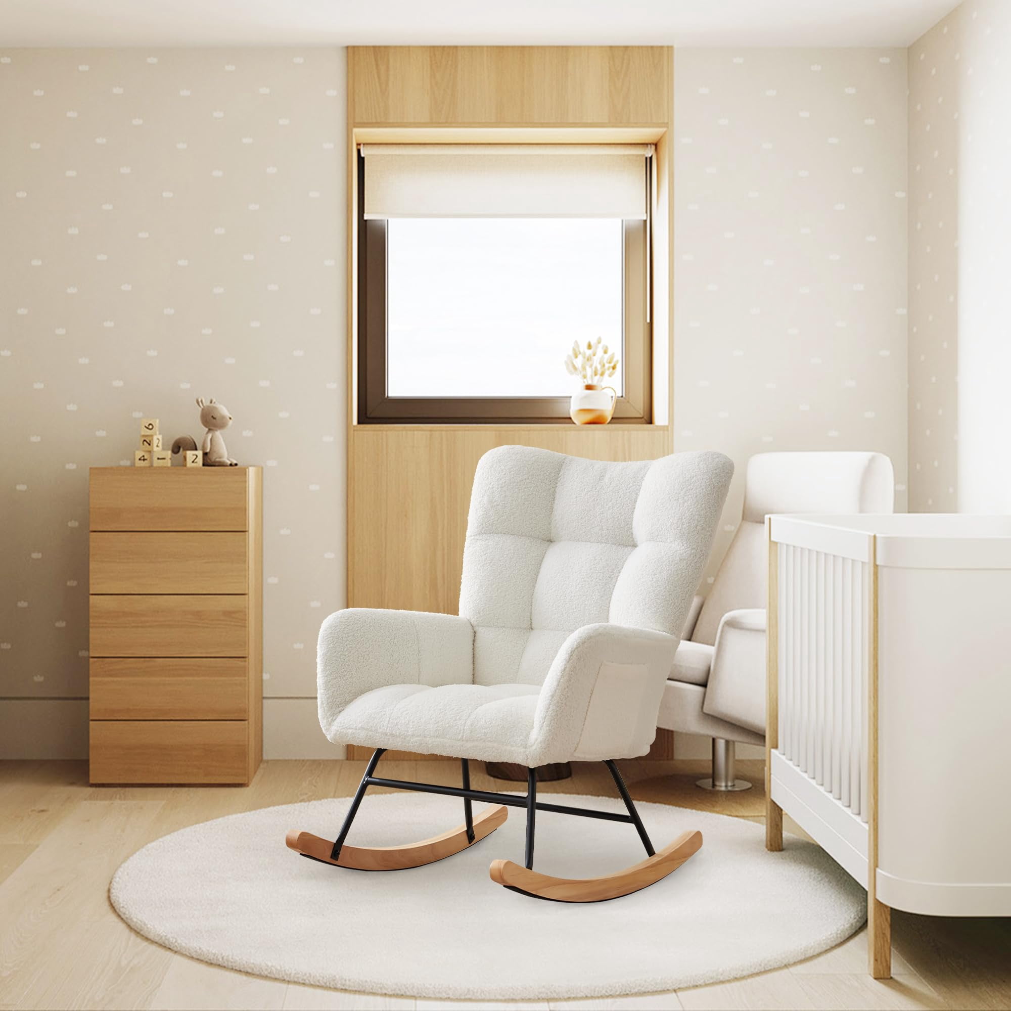 300Lbs Load-Bearing Nursery Glider Rocking Chair, Teddy Upholstered, High Backrest & Armrests, Side Pockets, Padded Seat, High Backrest, Armrests, Metal Legs & Wood Base for Living Room, Bedroom