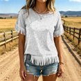 thumbnail image 3 of JTZGDY Vintage Fringed Patchwork Shirts for Women Trendy Summer Short Sleeve Boho Floral Printed Crew Neck Graphic T-Shirts Lightweight Cozy Tassles Tunic Blouse Loose Fit Pullover Tops, 3 of 7