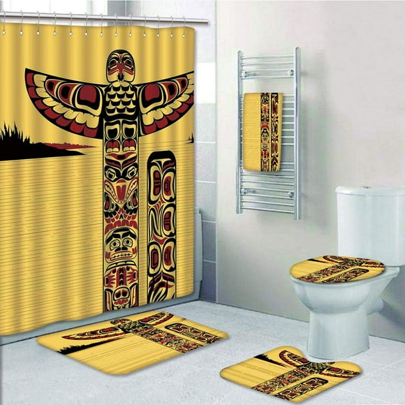 EREHome American of North American Totem Pole Ancient Spirit Artsy Red 5 Piece Bathroom Set Shower Curtain Bath Towel Bath Rug Contour Mat and Toilet Lid Cover