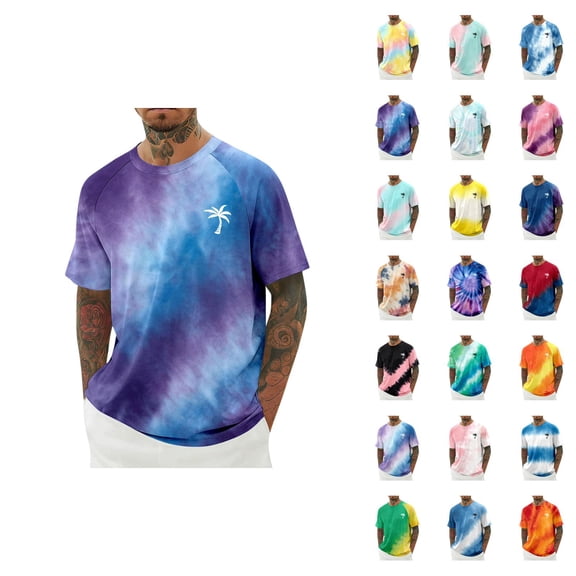 Beach T Shirts for Men 2026 Summer Casual Short Sleeve Crewneck Coconut Tree Print Tie Dye Tee Shirt Vacation Shirt