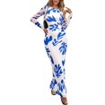 thumbnail image 1 of Vestido PRETTYGARDEN Maxi de Manga Larga Floral Fruncido Blanco Azul Talla L, 1 of 8
