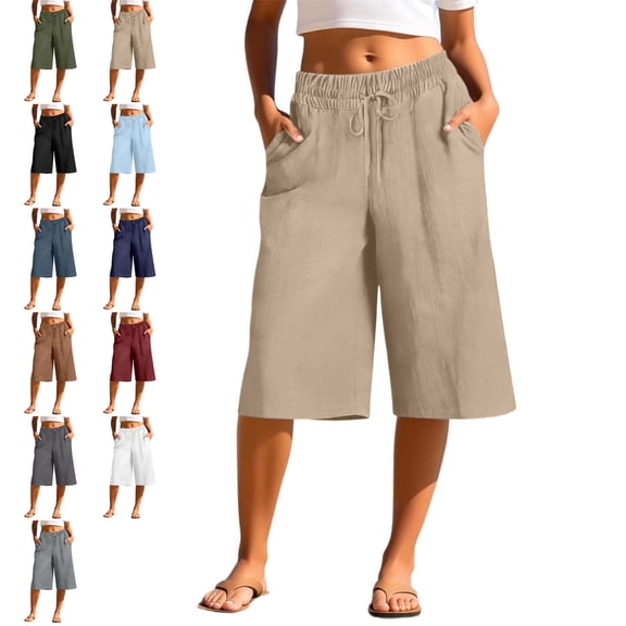 MLCDZ Womens Wide Leg Capri Pants Loose Baggy Elastic High Waist Drawstring Capri Palazzo Pants with Pockets Summer Workout Sports Golf Trousers