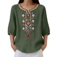 thumbnail image 7 of Linen Tops for Women Summer V Neck Floral Embroidered 3/4 Sleeve Bohos Cotton Linen T Shirts Women's Casual Solid Lightweight Comfy Short Sleeve Shirt, 7 of 7