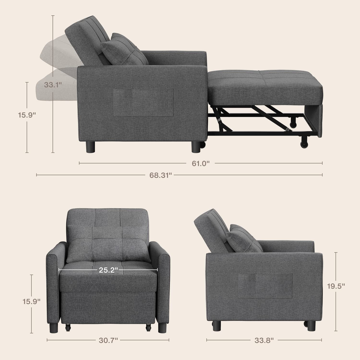 Recliner Sofa, Lofka 3 in 1 Convertible Chair Bed with Adjustable Backrest for Living Room & Office, Dark Gray