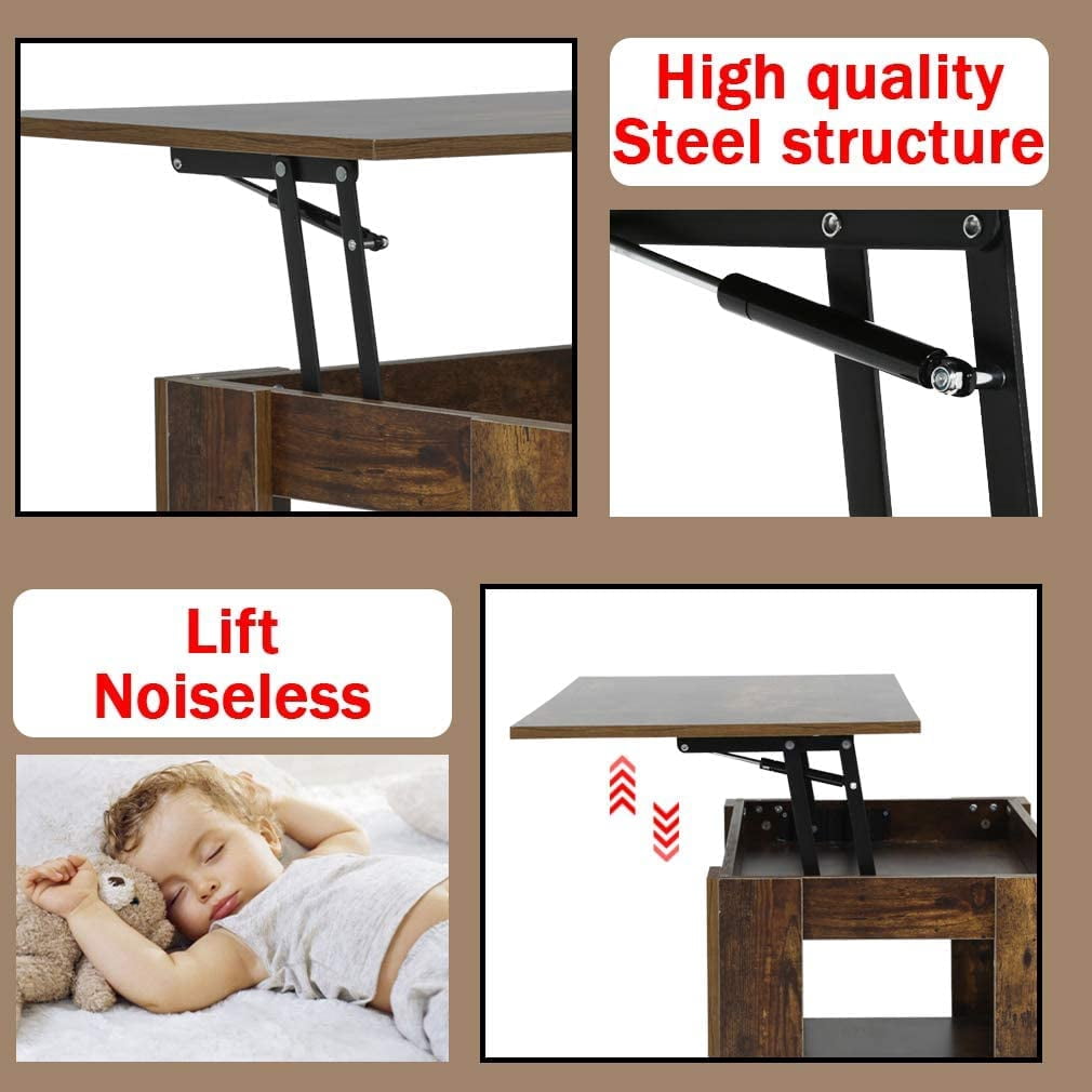 BestOffice Coffee Table with Hidden Compartment and Lower Shelf Silent Air Rod,39.4inch,Brown