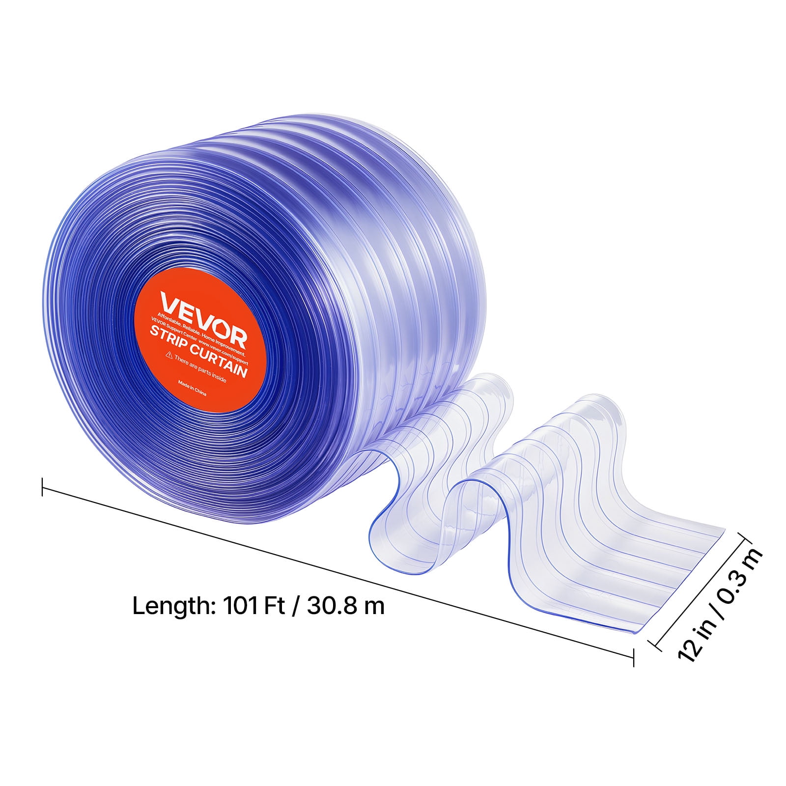 VEVOR Clear PVC Strip Curtain, 101 ft Length x 12 in Width, Ribbed Plastic Door Strip Bulk Roll, Walk in Freezer Cooler Curtain Strips for Doorways of Supermarket, Garage, Warehouse, Pet Animal House