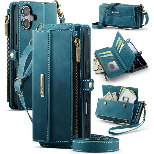 Wallet Case for iPhone 16 Plus – RFID Blocking PU Leather Phone Case with Card Holder, Zipper Pocket, Kickstand, Magnetic Closure, Shoulder & Wrist Strap