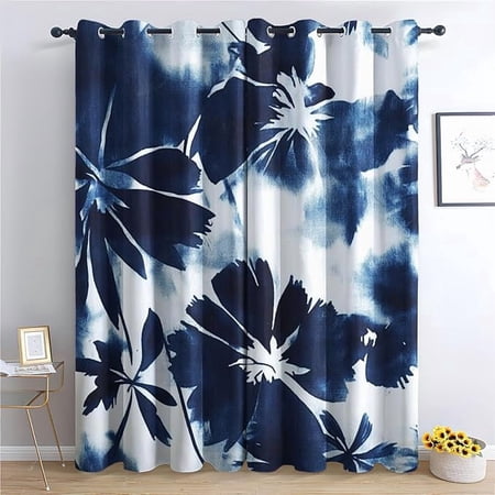 Indigo Floral Curtains Navy Watercolor Patterned Blackout Curtains for Bedroom Living Room Decor Room Darkening Thermal Insulated Grommet Drapes 26 W x 54 L (Pack of 2)