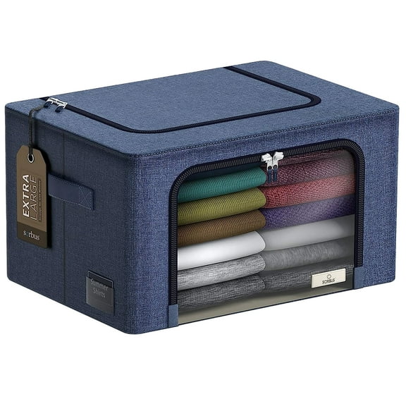 Sorbus Large Foldable Storage Bin with Metal Frame – Stackable Organizer with Handles, Blue