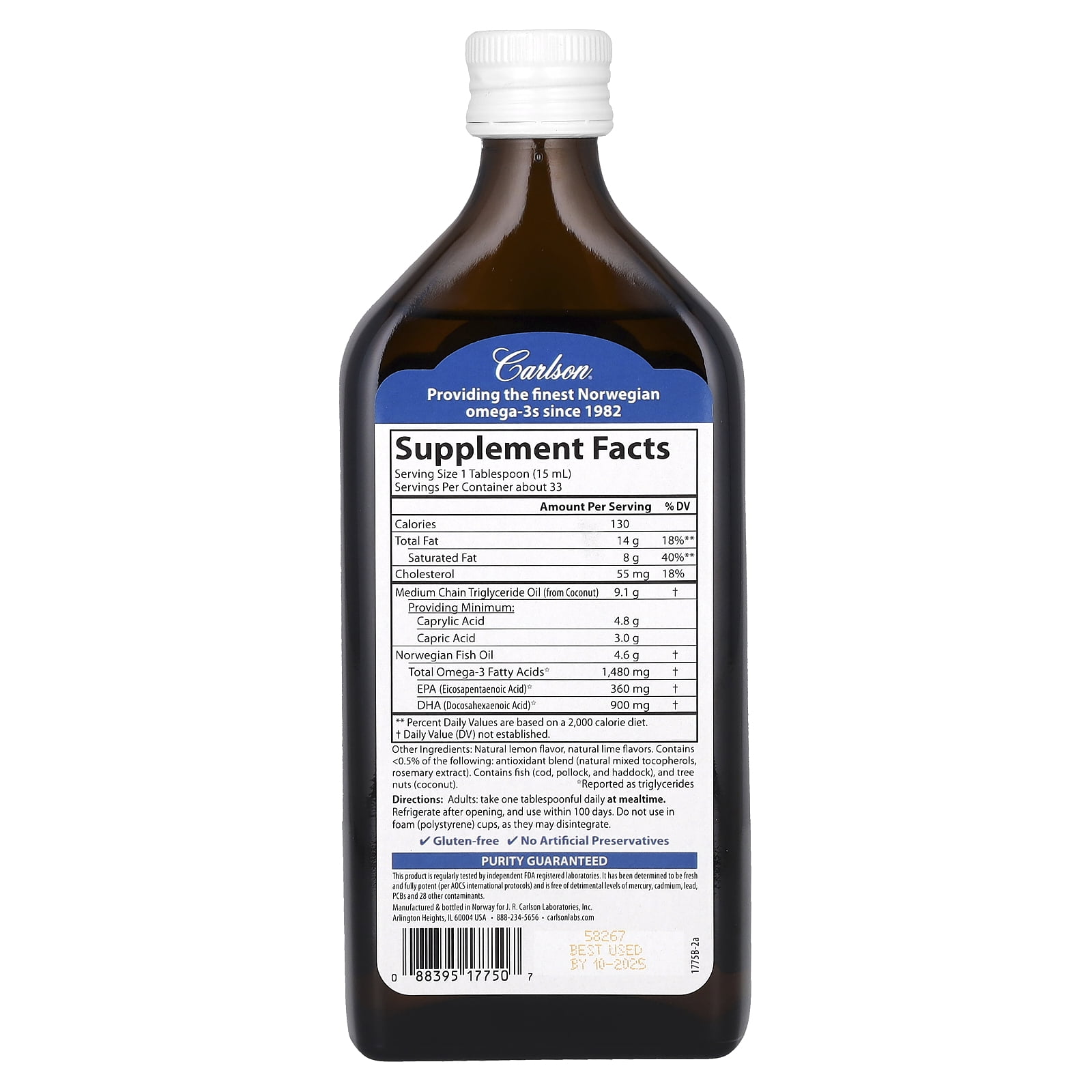 Carlson MCT & Omega-3, Keto Friendly, Natural Lemon Lime, 16.9 fl oz (500 ml)