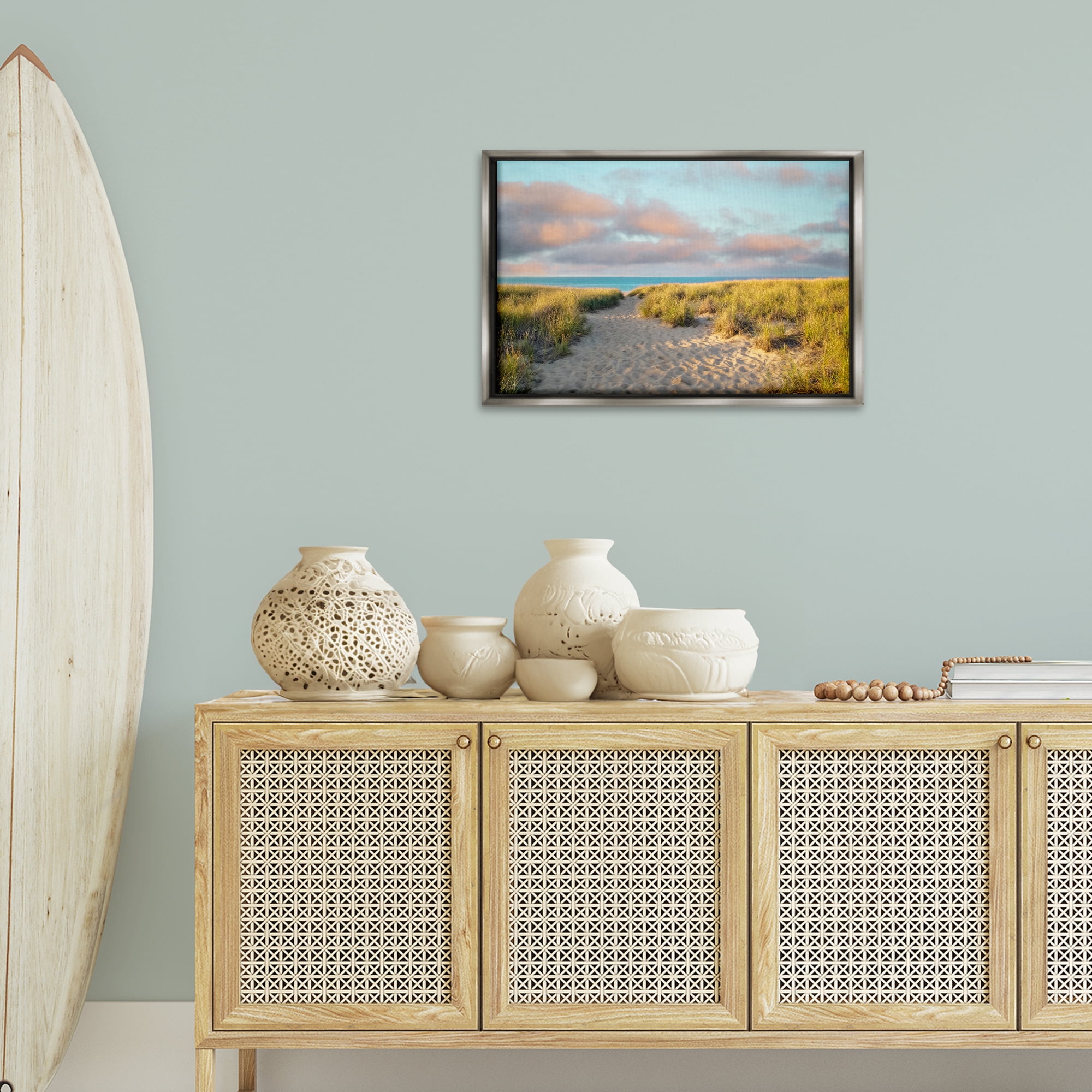 Stupell Industries Beachy Footprints Path Landscape & Nature Photography Gray Floater Framed Canvas Art Print Wall Art, 25 x 17