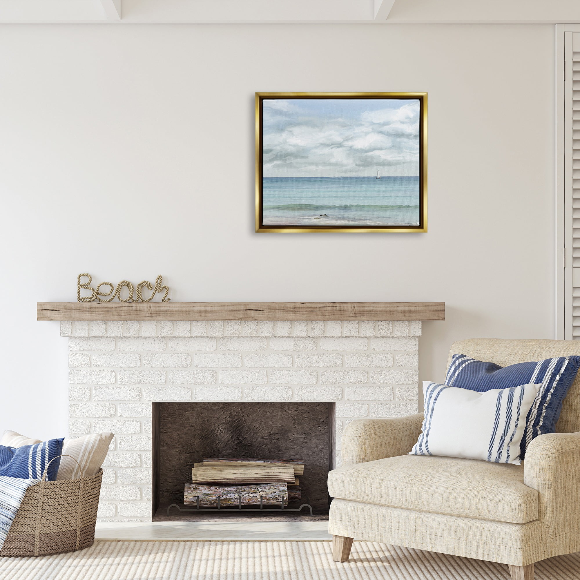 Stupell Industries Distant Sailboat Cloudy Shore Landscape Painting Gold Floater Framed Canvas Art Print Wall Art, 31 x 25