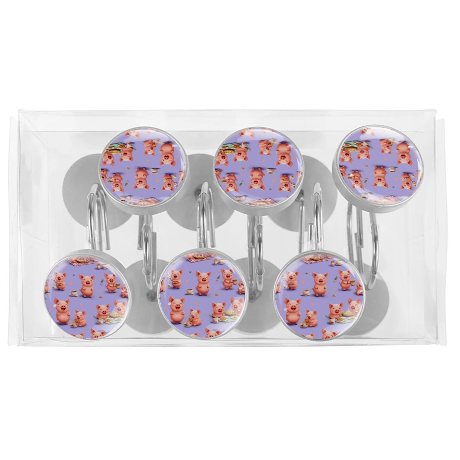 12pcs Decorative Shower Curtain Hooks, Rust Resistant Shower Rings for Bathroom Living Room,Rustproof Stainless Steel Rings for Shower Curtain and Liner Rods,Happy Pigs Picnic