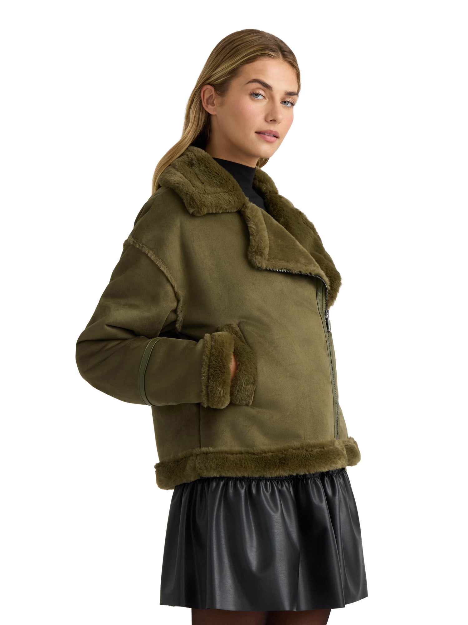 NOVELTI Womens Faux Shearling Short Zip Up Biker Jacket