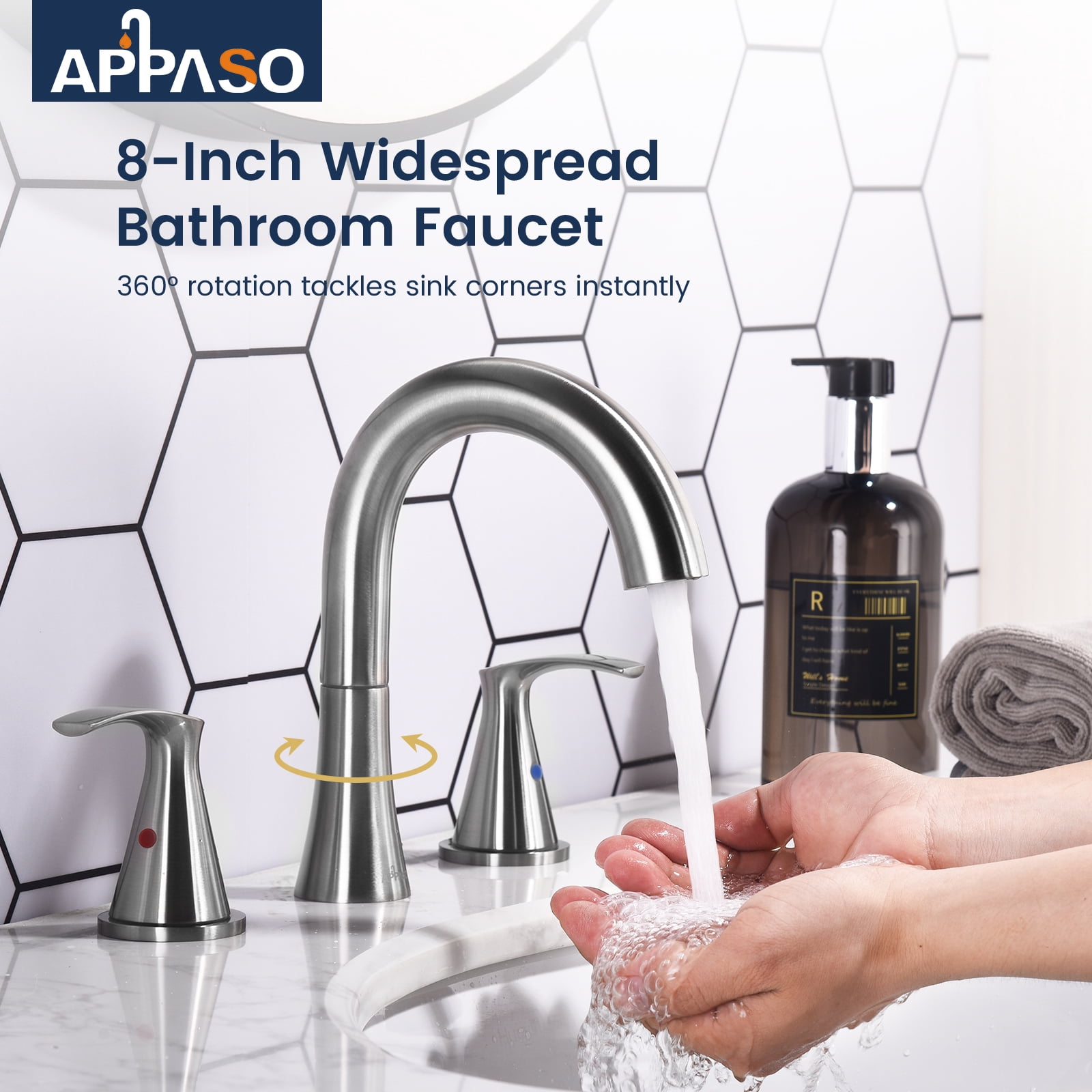 APPASO SUS304 Stainless Steel 8" Widespread Bathroom Faucet, Brushed Nickel 2 Handle High Arc with Pop-Up Drain, 3 Hole Deck Mount Sink Faucet, Modern Design