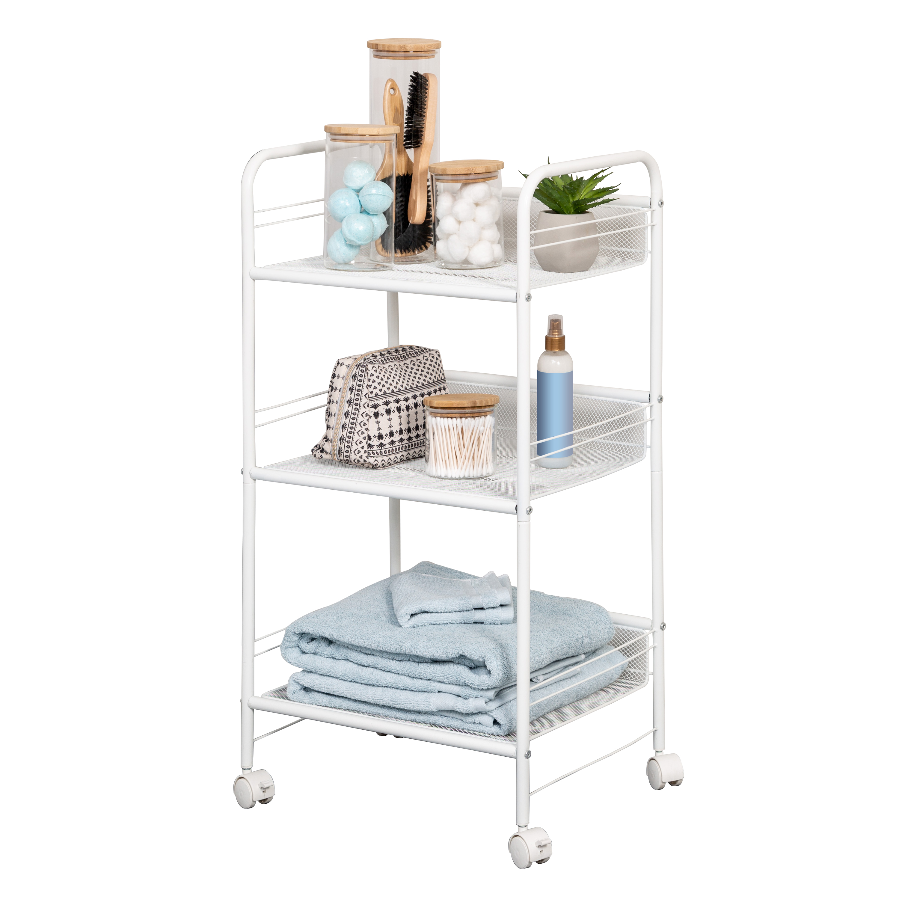 Honey-Can-Do 3-Tier Rolling Steel Wire Storage Cart with Lockable Wheels, White - image 3 of 8