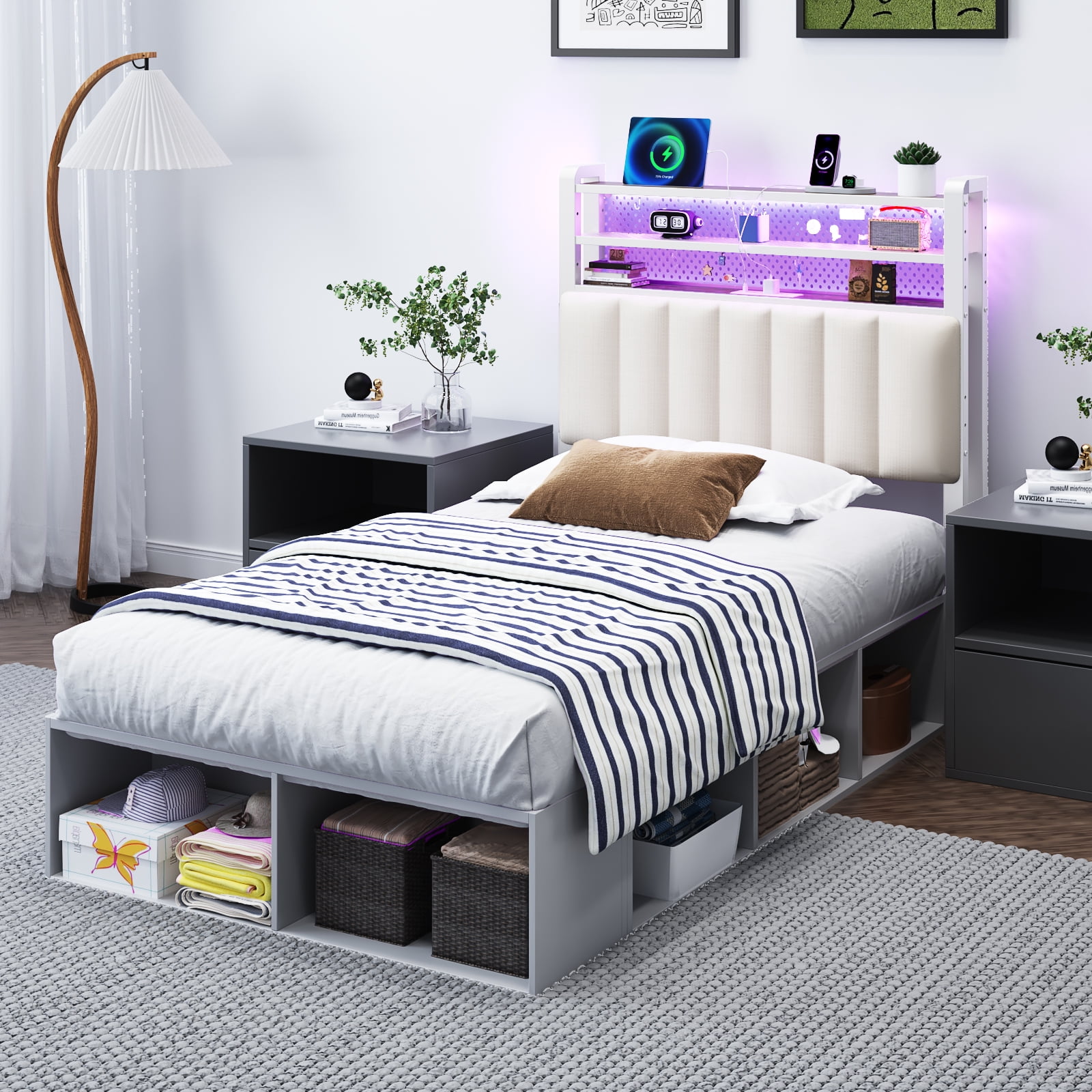Zimtown Headboard for Twin Size Bed with Storage, Linen Upholstered Head Board with LED Light and Charging Station, White