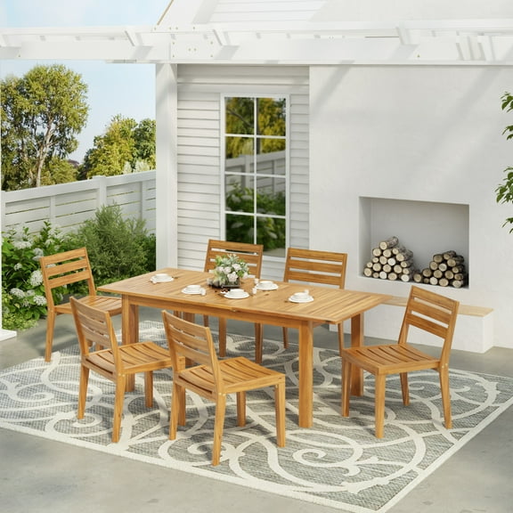 GDF Studio 7-Piece Outdoor Patio Dining Set with Acacia Wood Expandable Table and Solid Wood Chairs, Natural Teak
