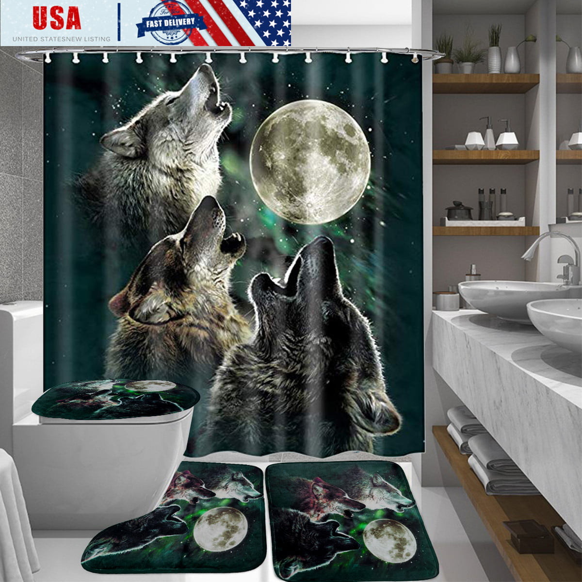 Snow Wolf Bathroom Polyester Shower Curtain Non Slip Toilet Cover Rugs Mat  ↻ q