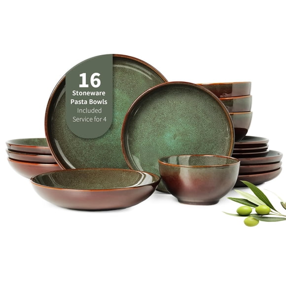 Juego de vajilla Pokini de 16 piezas con doble cuenco Service 4, color verde salvia