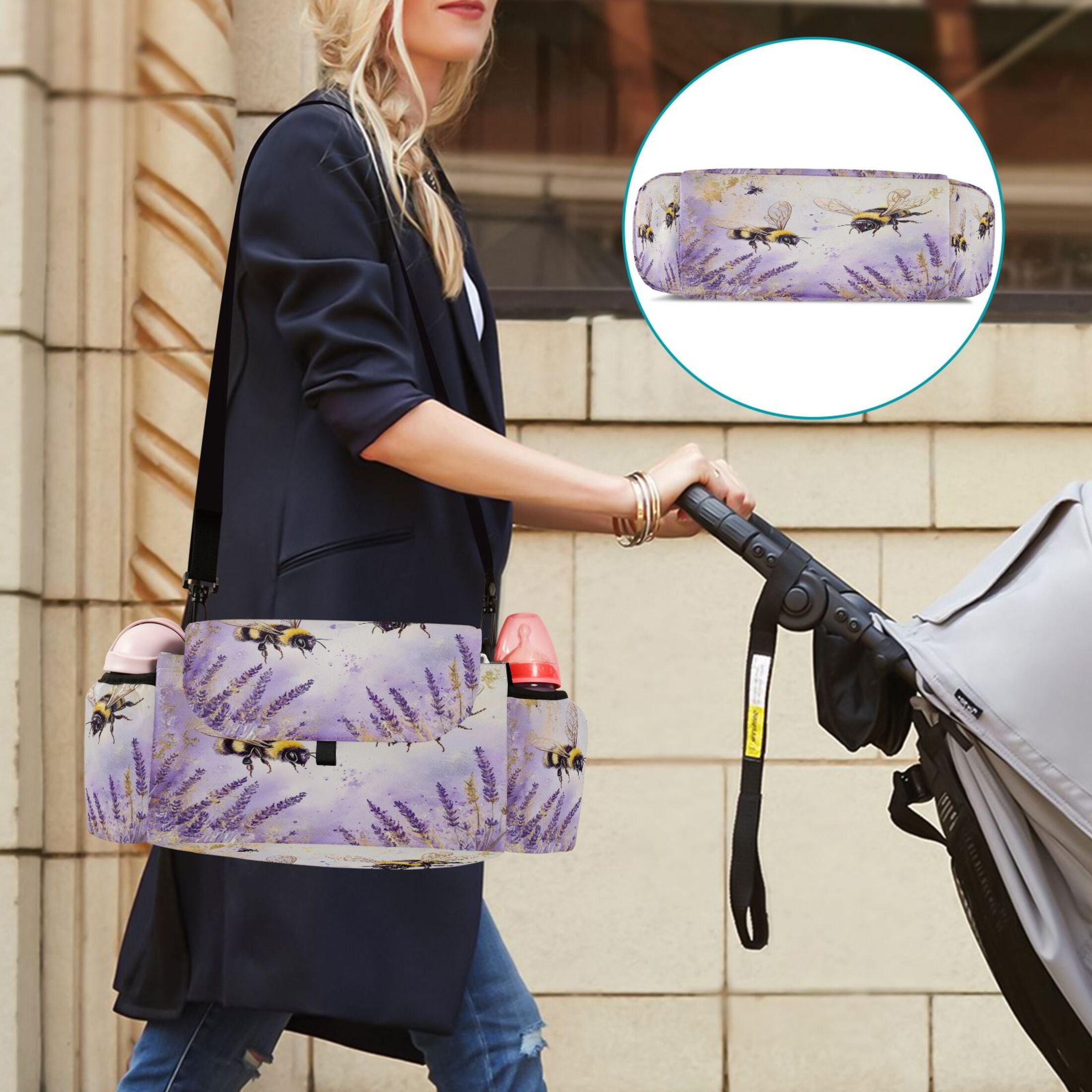 DIXRUYEE Stroller Organizer Buzzing in Bloom Printed