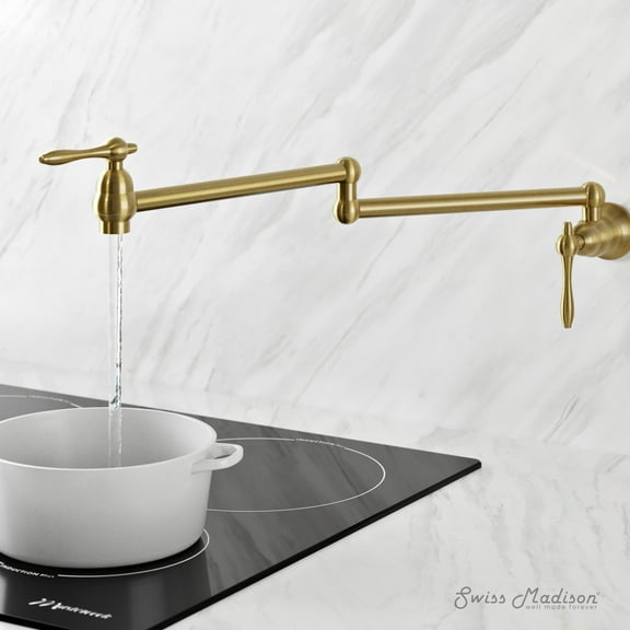 Plaisir Retractable Wall Mount Pot Filler Faucet in Brushed Gold