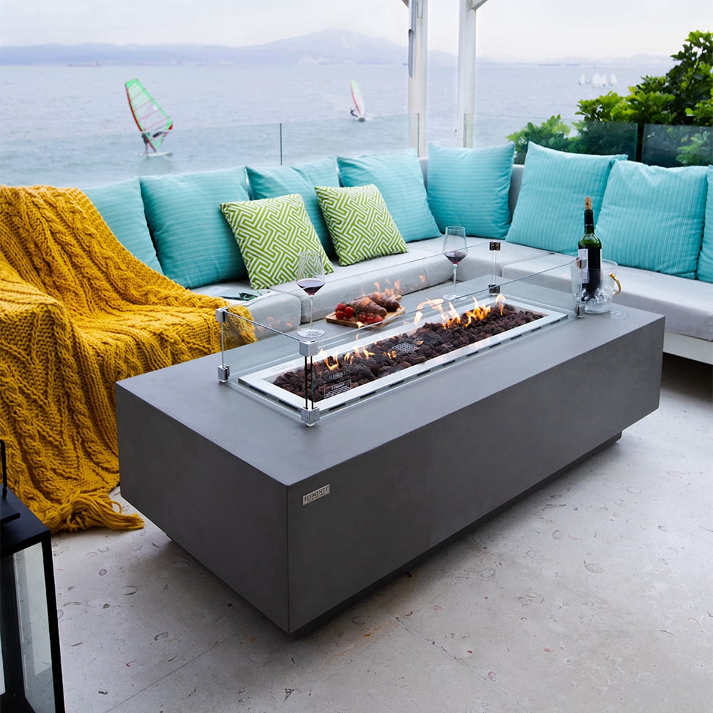 Elementi Granville Gas Fire Pit for Outside Outdoor Fire Pit Table Smokeless Fire Pit Concrete Rectangular Fire Table Patio Heater Fireplace 45000 BTUs - Grey, 60 x 27 Inches