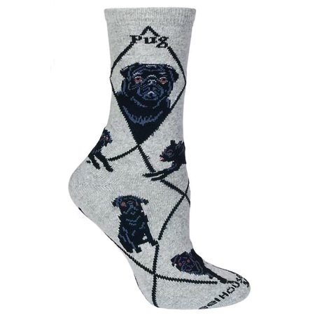 

Pug Black on Gray Lightweight Stretch Cotton Crew Sock Womens Size 9-11