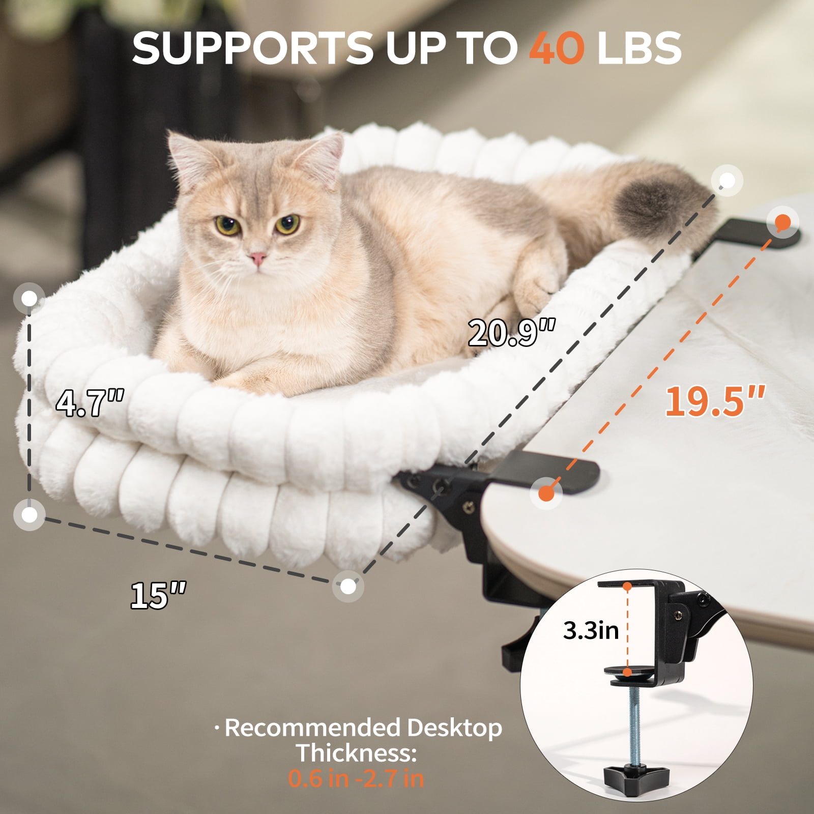 CheerPals Cat Desk Bed, 21*15in Double-Layer Foldable Cats Hammock, Plush&Grids Design for All Reason(Medium,White)