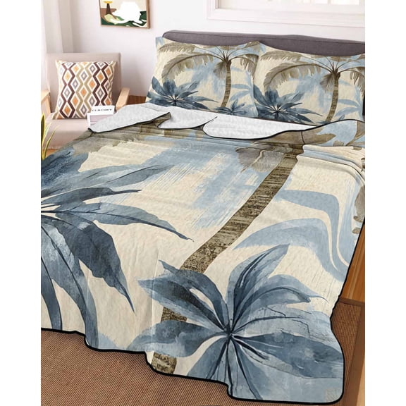 Palm Tree Beach Full Size Down Alternative Comforter, Lightweight Comforter Quilt Bedding Set with Pillow Shams Watercolor Botanical Seaside All Seasons Bed Comforter Duvet Insert 78"x90"