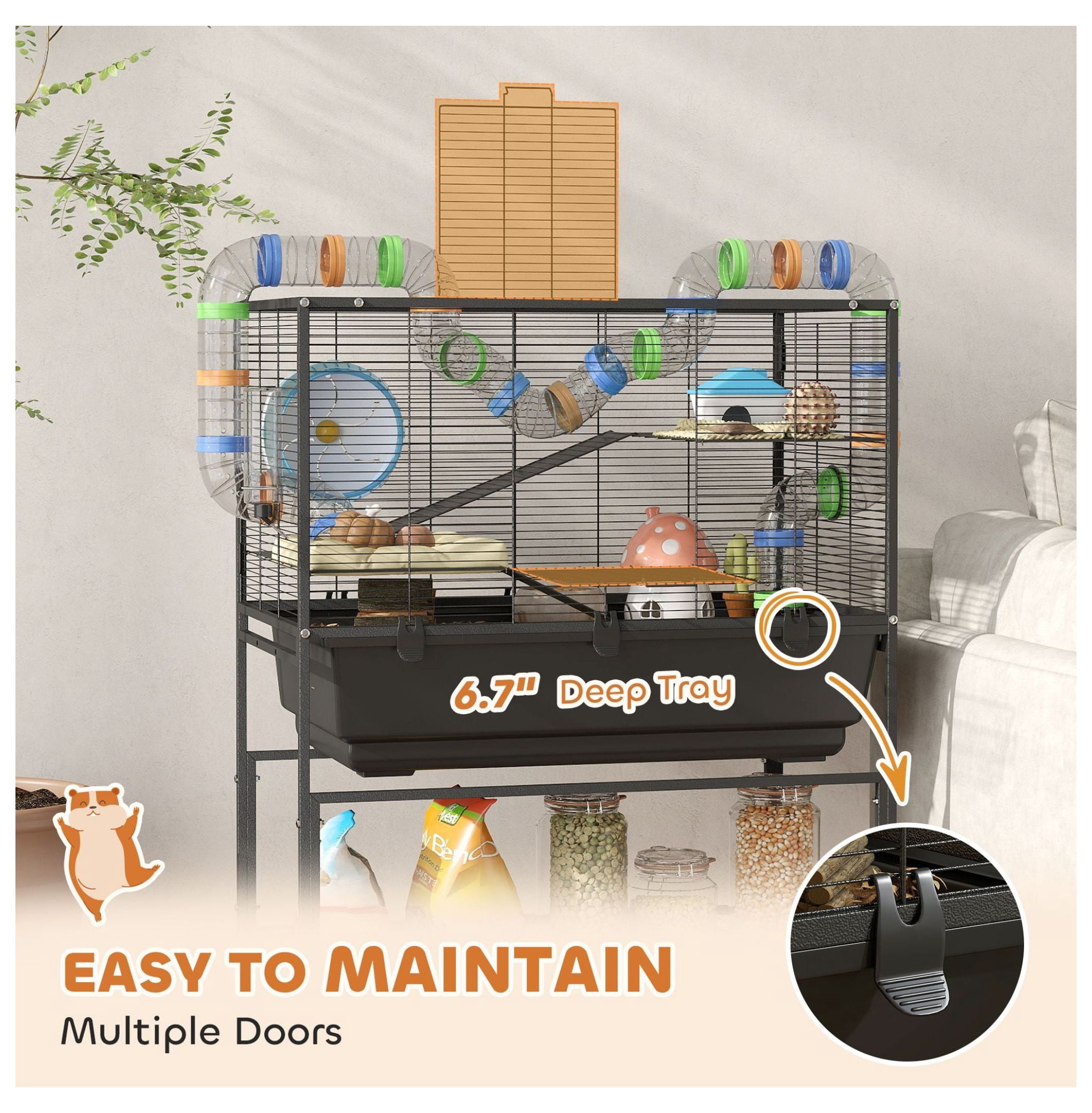 Hamster Cage 3 Tier, Rolling Rat Cage with Deep Tray, Exercise Wheel & Hut - Spacious Small Animal Habitat for Syrian Hamsters, Gerbils