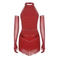 thumbnail image 2 of Kaerm Women's Sparkling Rhinestone Tassel Bodysuit Latin Jazz Dance Skirted Leotard with 1 Pair Gloves Burgundy S, 2 of 7
