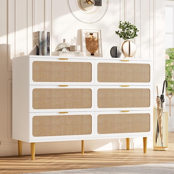 Rattan Dresser with 6 Drawers, Tall Modern Closet with Deep Storage, Large Chest of Drawers with Wide Top, Long Wooden Dresser for Bedroom, Living Room, Hallway, Kids Room, White