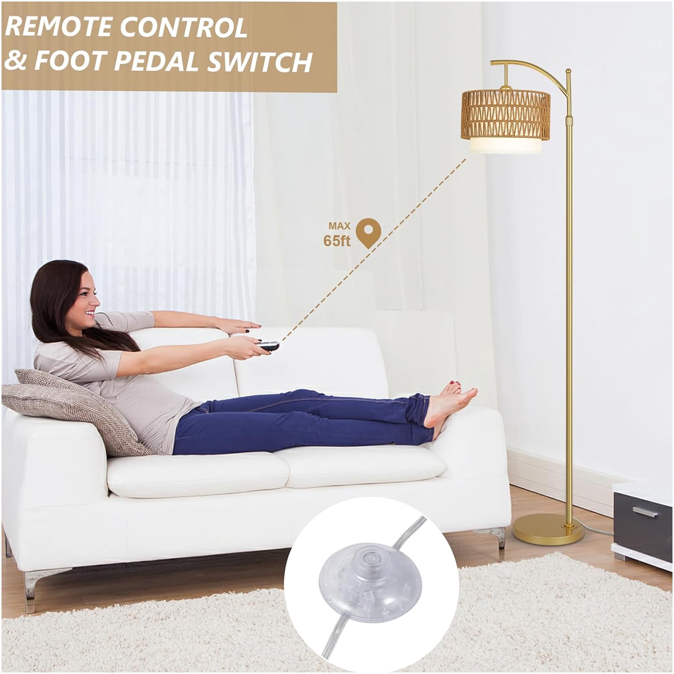 JERFIT Modern Arc Floor Lamp with Remote, Dimmable LED Bulb, Rattan & Fabric Shade for Living Room Bedroom