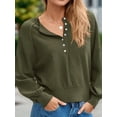 thumbnail image 5 of Women'S Button Crew Neck Sweater Fall Long Sleeve Henley Shirts Trendy Loose Knit Pullover Tops Army Green M, 5 of 8
