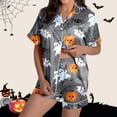 thumbnail image 2 of Xmyrz Womens Pajama Sets 2Pc Short Sleeve Shorts Set Casual Halloween Pumpkin Button Up Ghost Print Silk Satin Sleepwear Pj Clothes Sets, 2 of 7