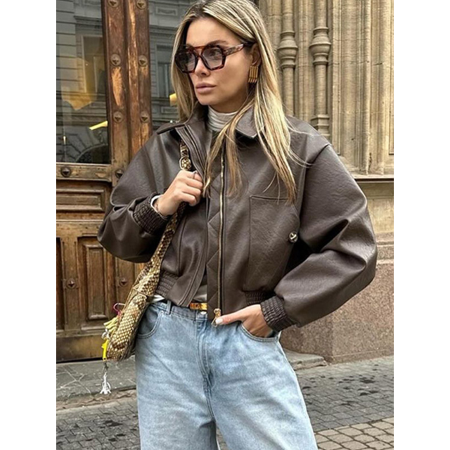 Chaqueta corta elegante de piel sintética con cuello vuelto para mujer, chaquetas cortas informales de manga larga con cremallera, prendas de vestir exteriores para mujer 2024