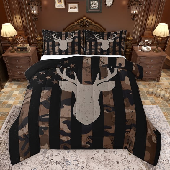 jejeloiu Vintage Deer Skull Bedding Comforter Set,Rustic American Flag Twin Comforter Sets,Camo Camouflage Print Bedding Set For Teens,Ultra Soft Home Decor Reversible,2pcs