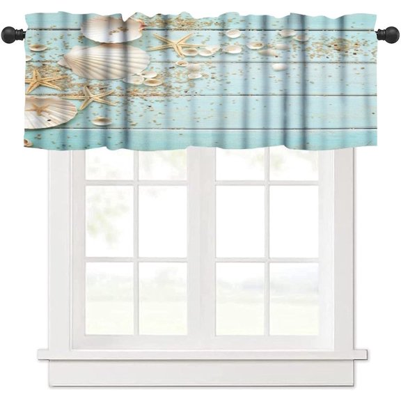Seashell Window Valance Starfish Blue Wood Plank Summer Beach Short Curtains Rod Pocket Drapes for Dining Room Bedroom Kitchen Living Room 54x18in