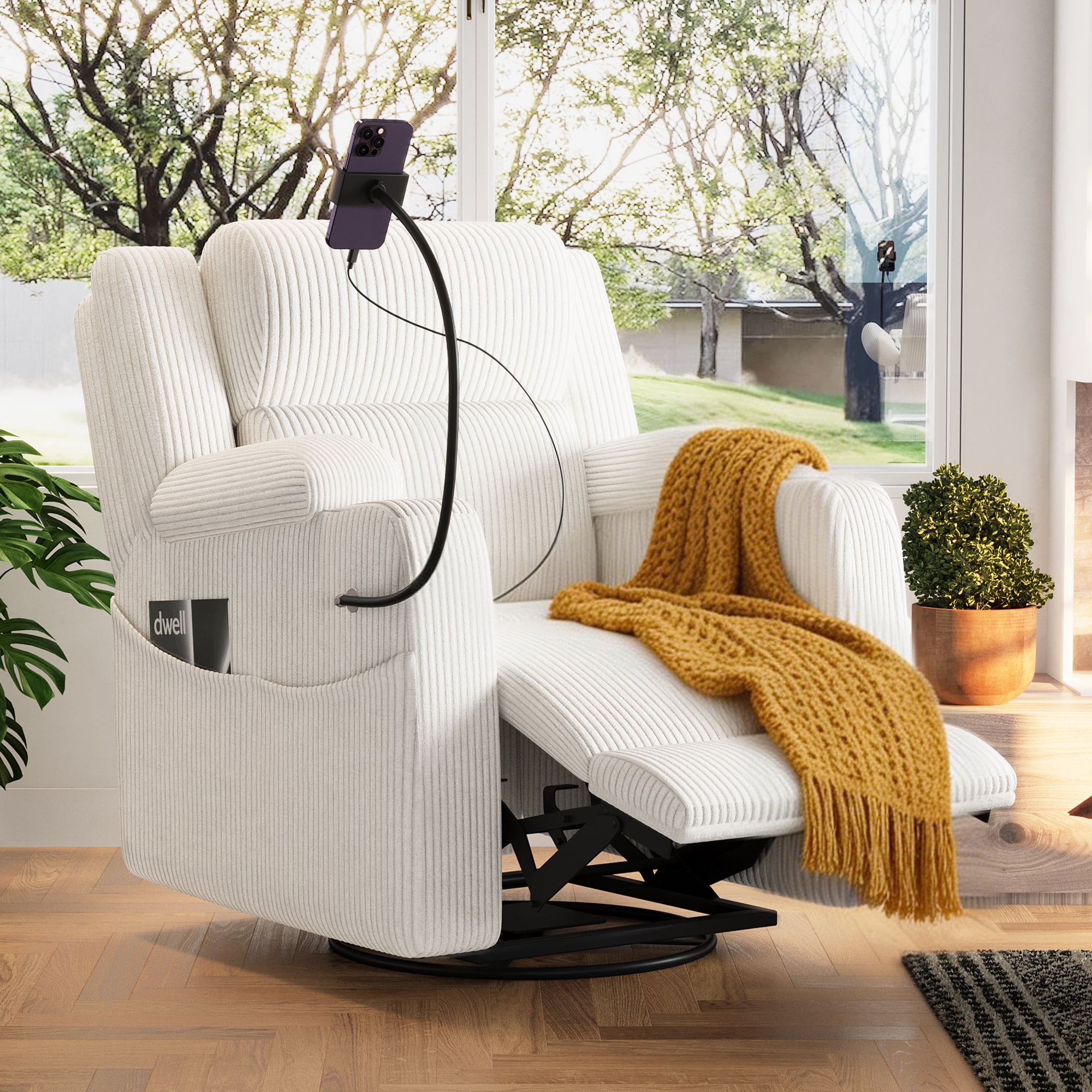 Leumius Recliner Chair with Heat and Massage,270° Swivel Rocker Recliner with Phone Holder & USB Ports,Single Rocker Sofa Nursery Glider with Hidden Storage, Side Pockets, Cup Holder,Beige