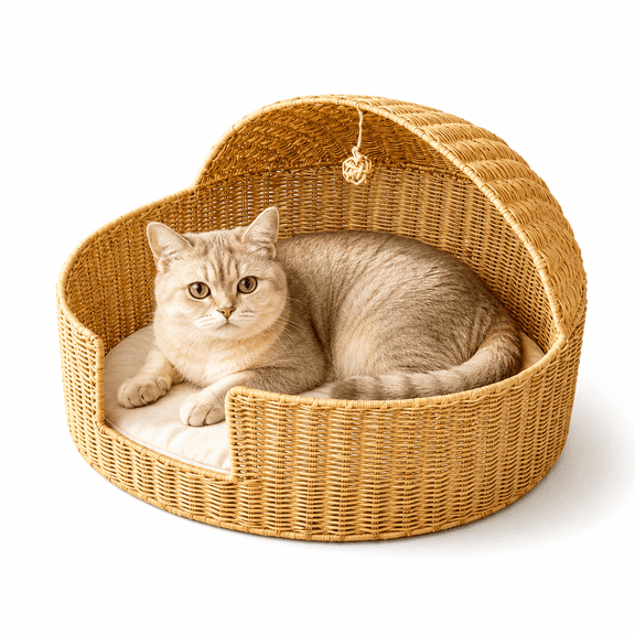 Handwoven Style Wicker Pet Bed with Canopy and Cushion, Cozy Covered Cat Bed & Small Dog Sofa, Durable Indoor Pet Nest for Small Pets