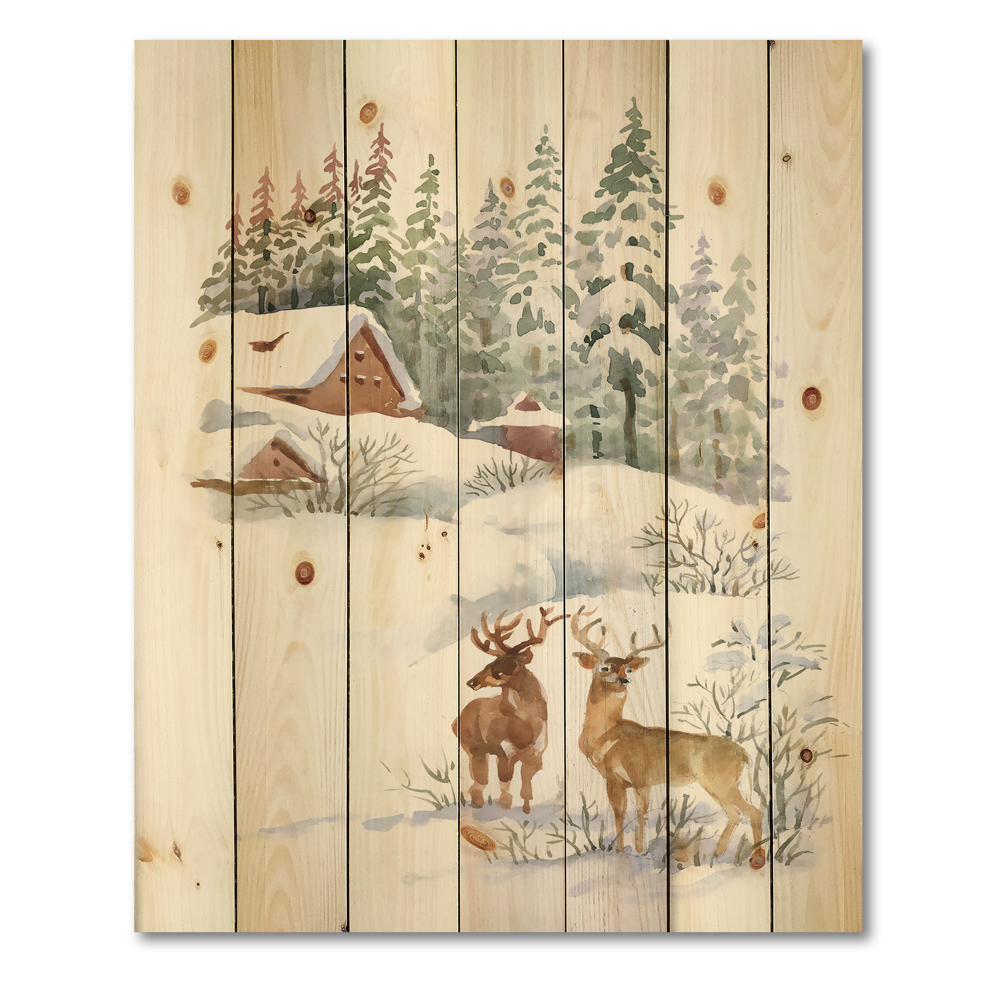 Designart 'Two Deers With Winter Cottage' Farmhouse Print on Natural Pine Wood