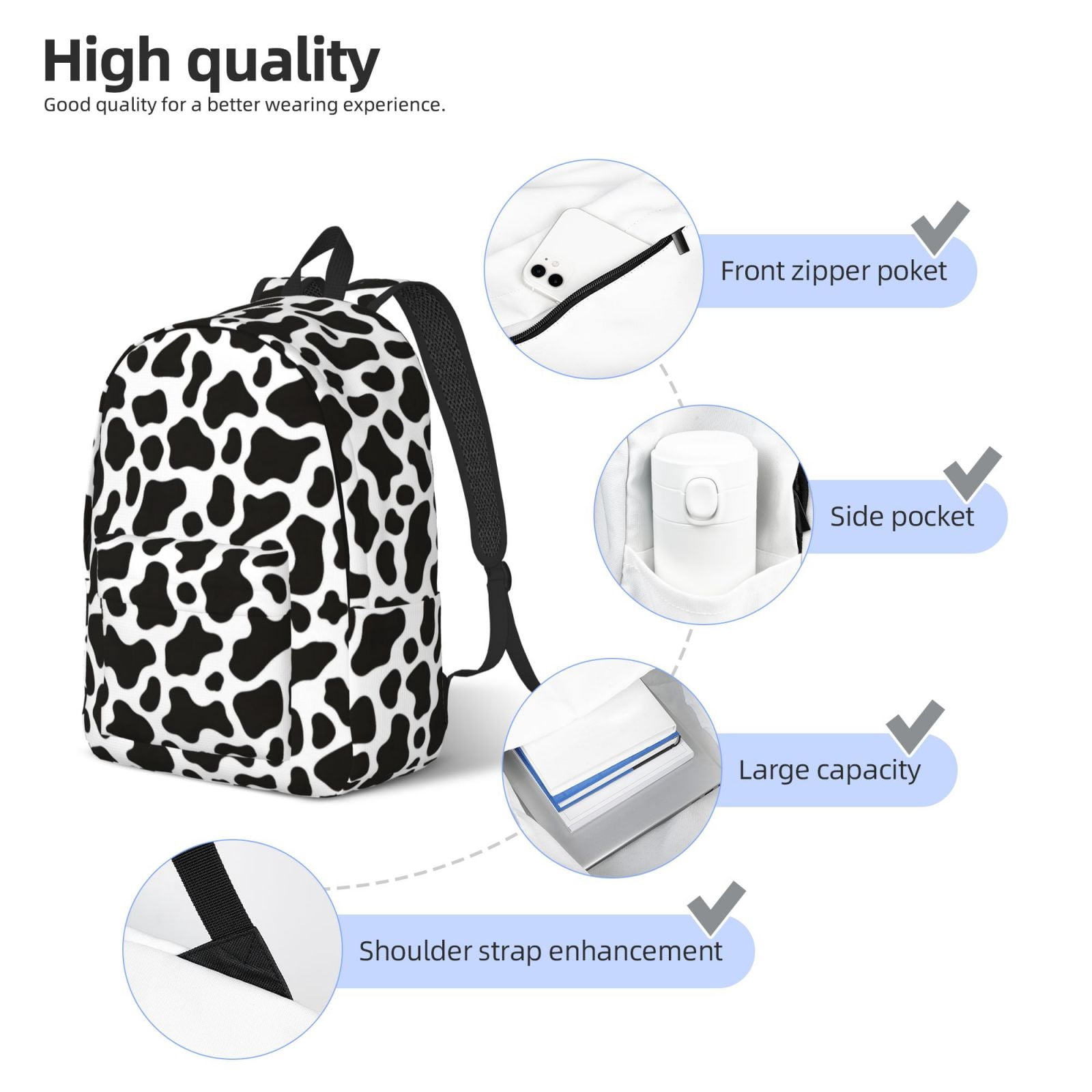 Casual Canvas Backpack Without Interlayer Large Capacity Stick Bag Design For Outdoor Shopping Office Outdoor Sports Black White Cow Print Small