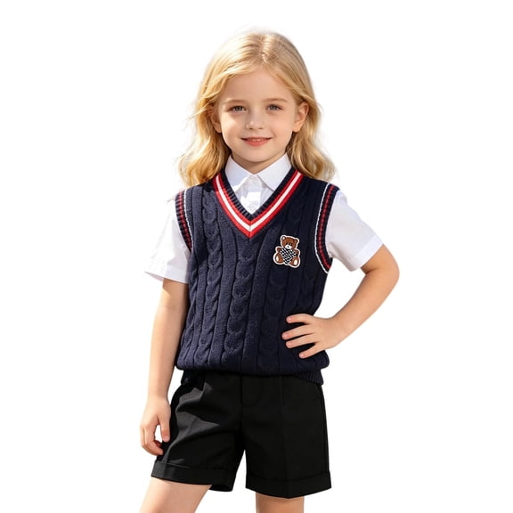Boys Girls Knit Vests,Kids Preppy Casual Cable Knit Sleeveless V-Neck Cartoon Embroidered Knit Vest Tops