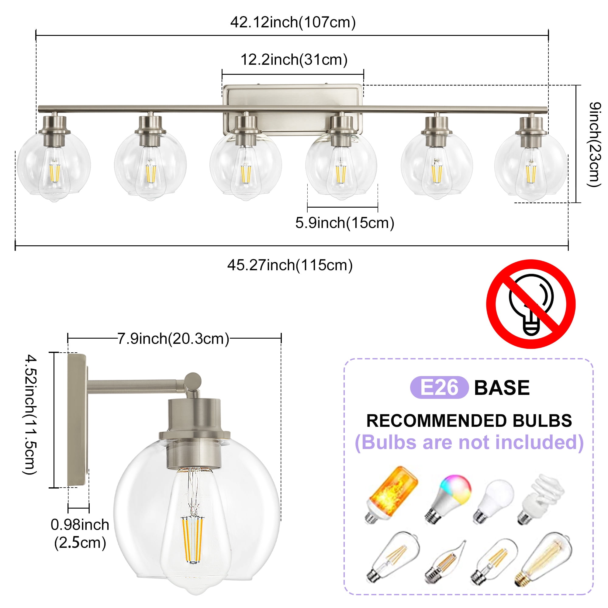 Deyidn 42.12" Nickel Bathroom Vanity Light, 6-Light Dimmable Wall Fixture with Clear Glass Shades for Makeup Mirror, Modern Luxury
