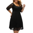 thumbnail image 3 of Mujeres más del tamaño vestido de encaje floral O-Cuello A-Line mangas de tres cuartos de cintura Irfora Negro/XXL, 3 of 7