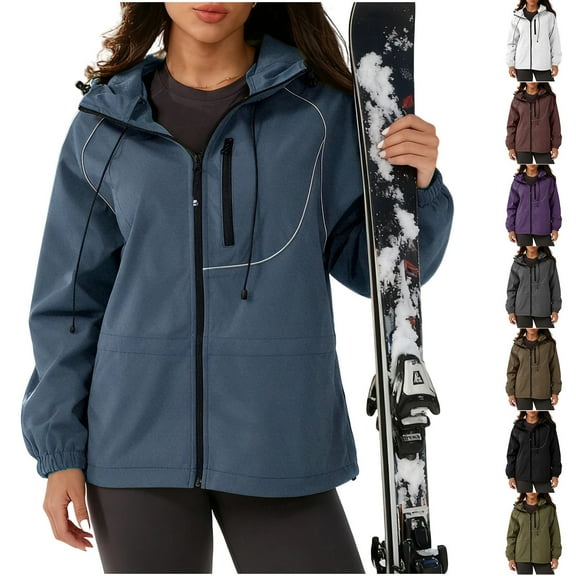 qucoqpe Womens Thermal Fleece-Lined Ski Jacket Windproof Waterproof Zip-Up Snow Hiking Coats Fall Winter Windbreaker Sports Hooded Softshell Jackets