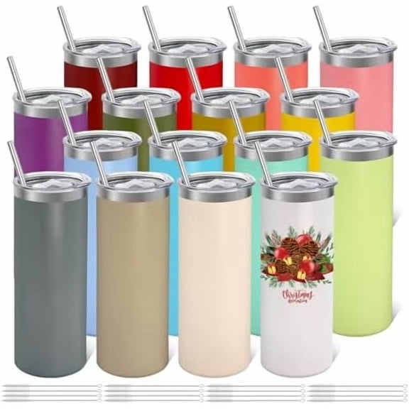 16 Pack Stainless Steel Skinny Tumblers Bulk Straight Double Wall Powder Coated Insulated Tumbler with Lid and Straw for Laser Engrave, DIY Gift, 20oz Mix Colors