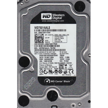 WD7501AALS-75J7B0, DCM HARNNV2CA, Western Digital 750GB SATA 3.5 Hard Drive