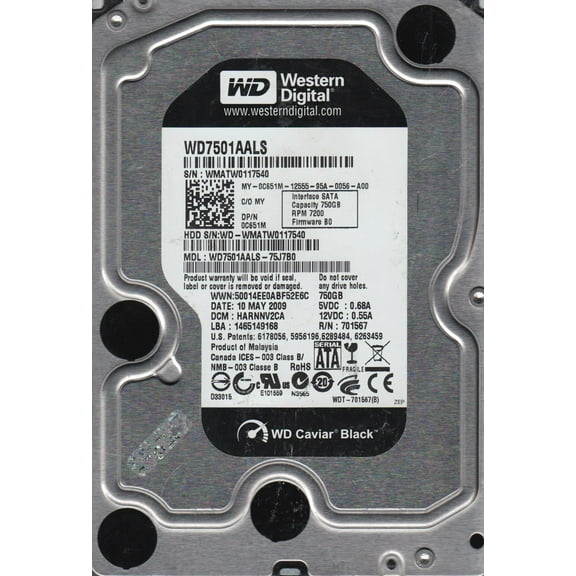 WD7501AALS-75J7B0, DCM HARNNV2CA, Western Digital 750GB SATA 3.5 Hard Drive
